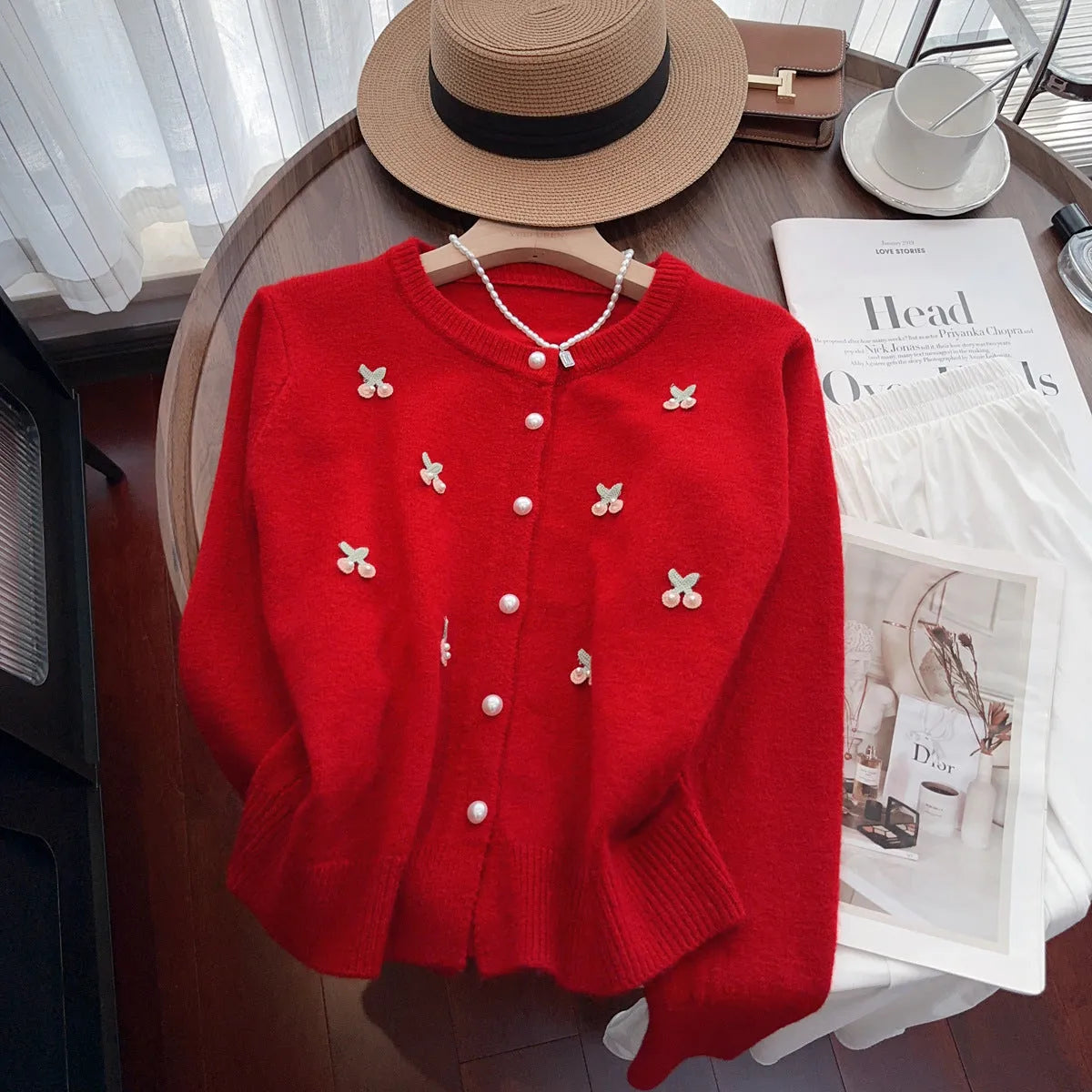 Cashmere cardigan sweater coat with beaded detailing in slim fit fresh style