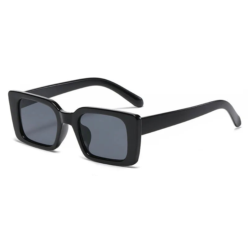 Square small frame sunglasses with PC lens, black frame and grey lens, simple flower design on bag