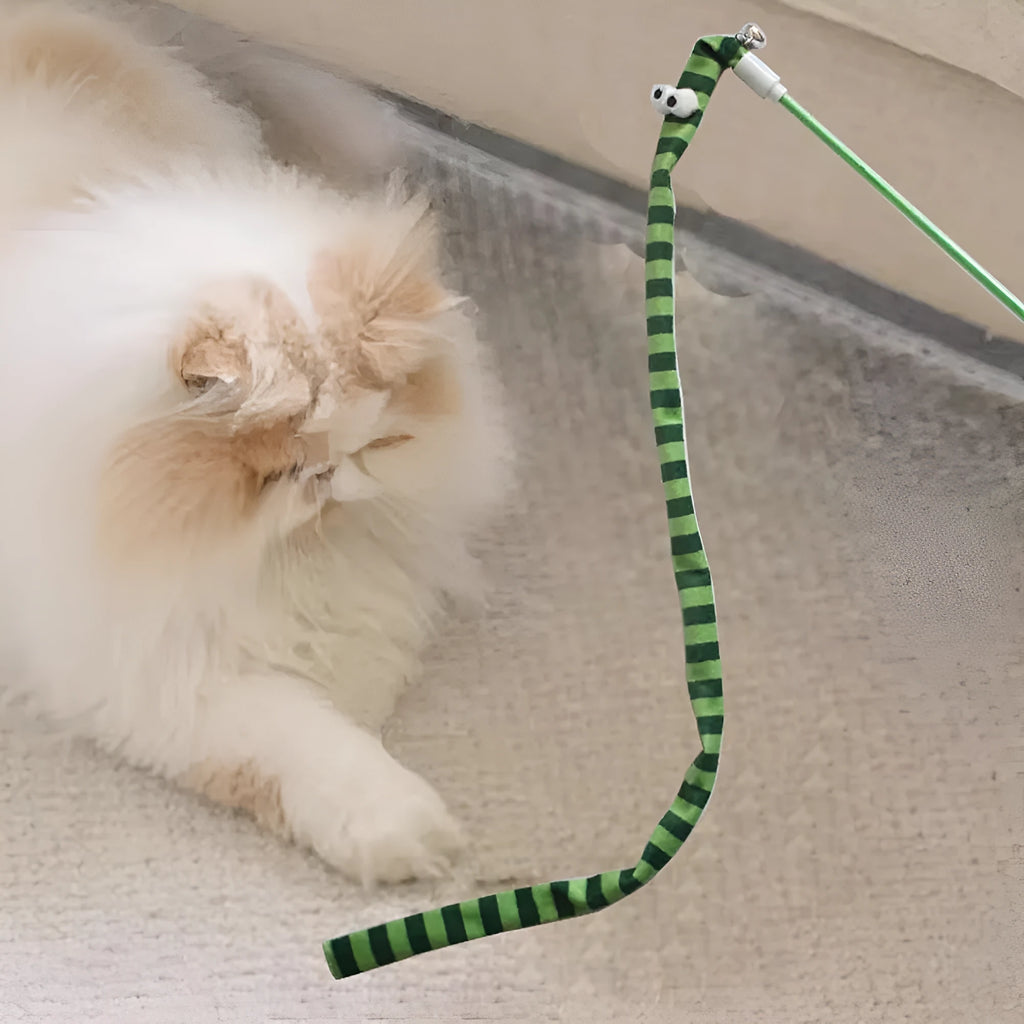 Colourful cat teaser wand with long plush strip and bell on a polycarbonate handle.