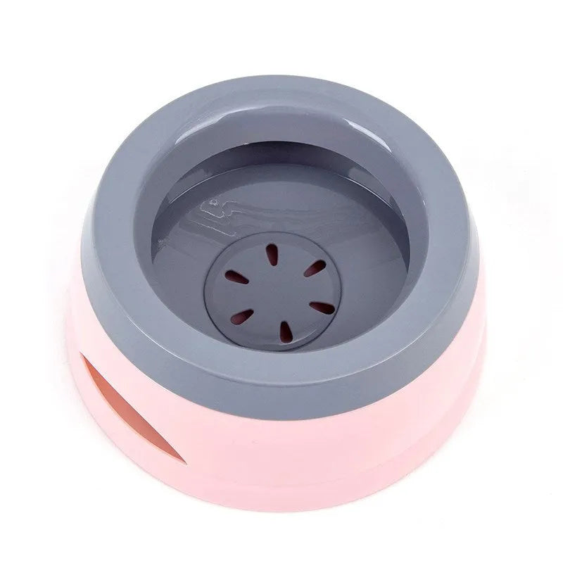 Floating no-spill plastic water bowl for pets with anti-wetting rim in grey green pink or blue