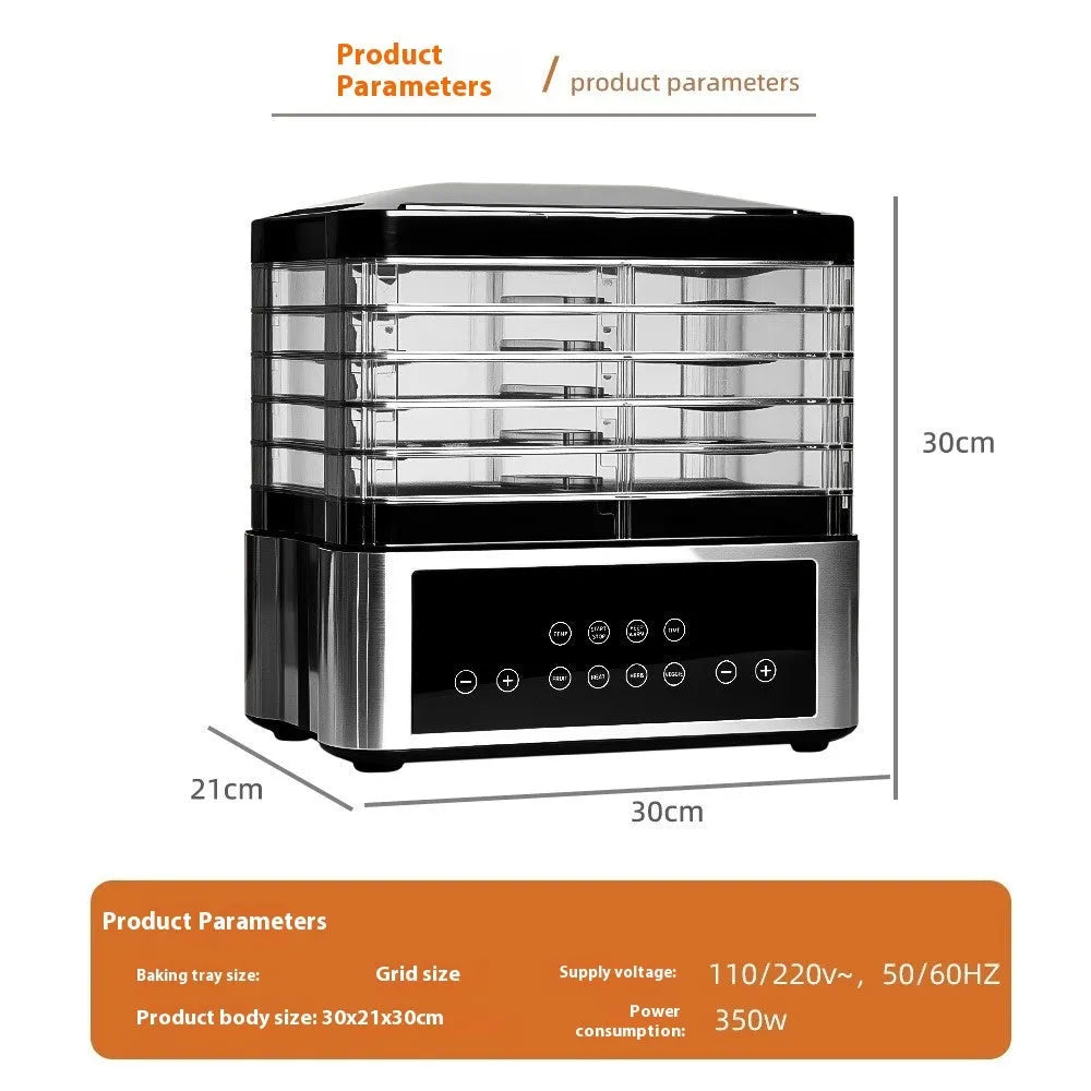 Silver stainless steel food dehydrator appliance with digital control panel on a kitchen counter.