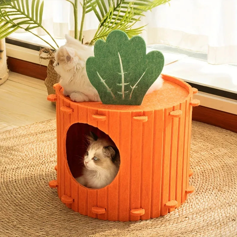 Orange carrot-shaped felt cat nest tunnel with a semi-enclosed design and drilled openings.