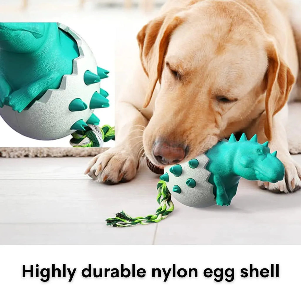Blue durable dinosaur-shaped dog chew toy with rope for aggressive chewers