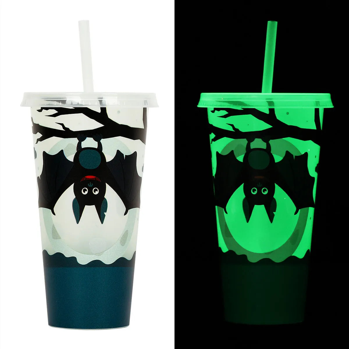 Halloween luminous plastic sippy cup with straw, 720ml capacity, cylindrical shape