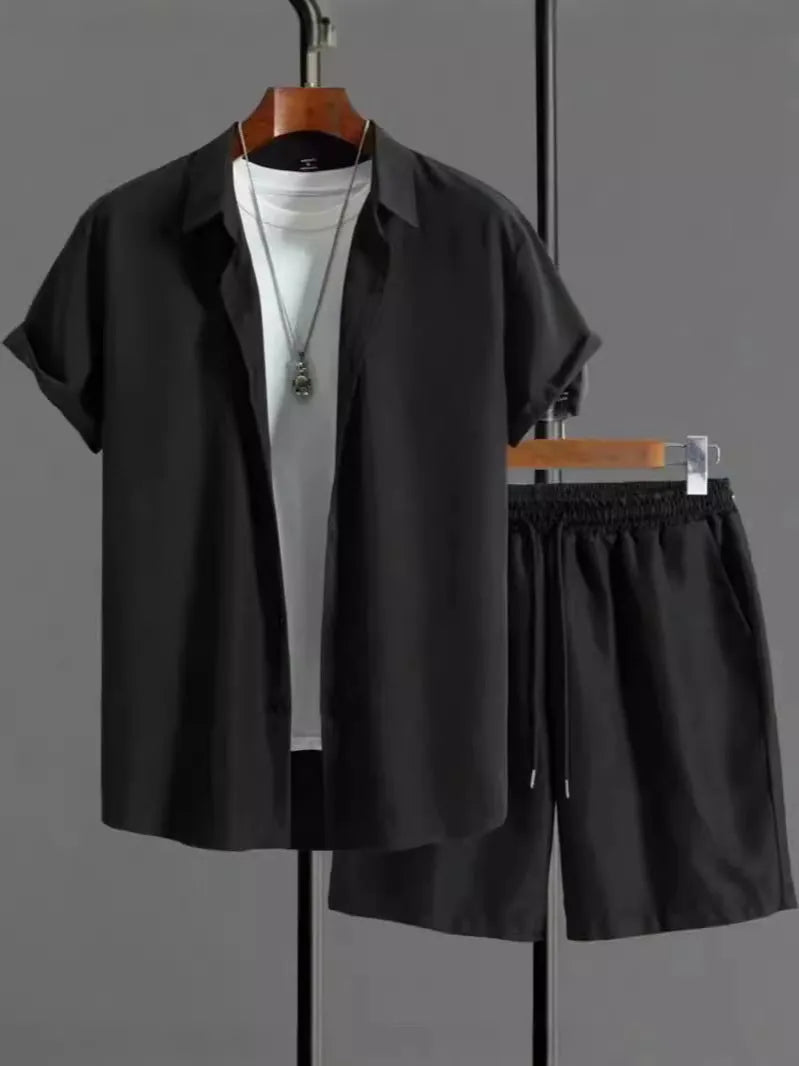 Jacquard fabric short-sleeve suit set with matching trousers in black, white, grey or beige
