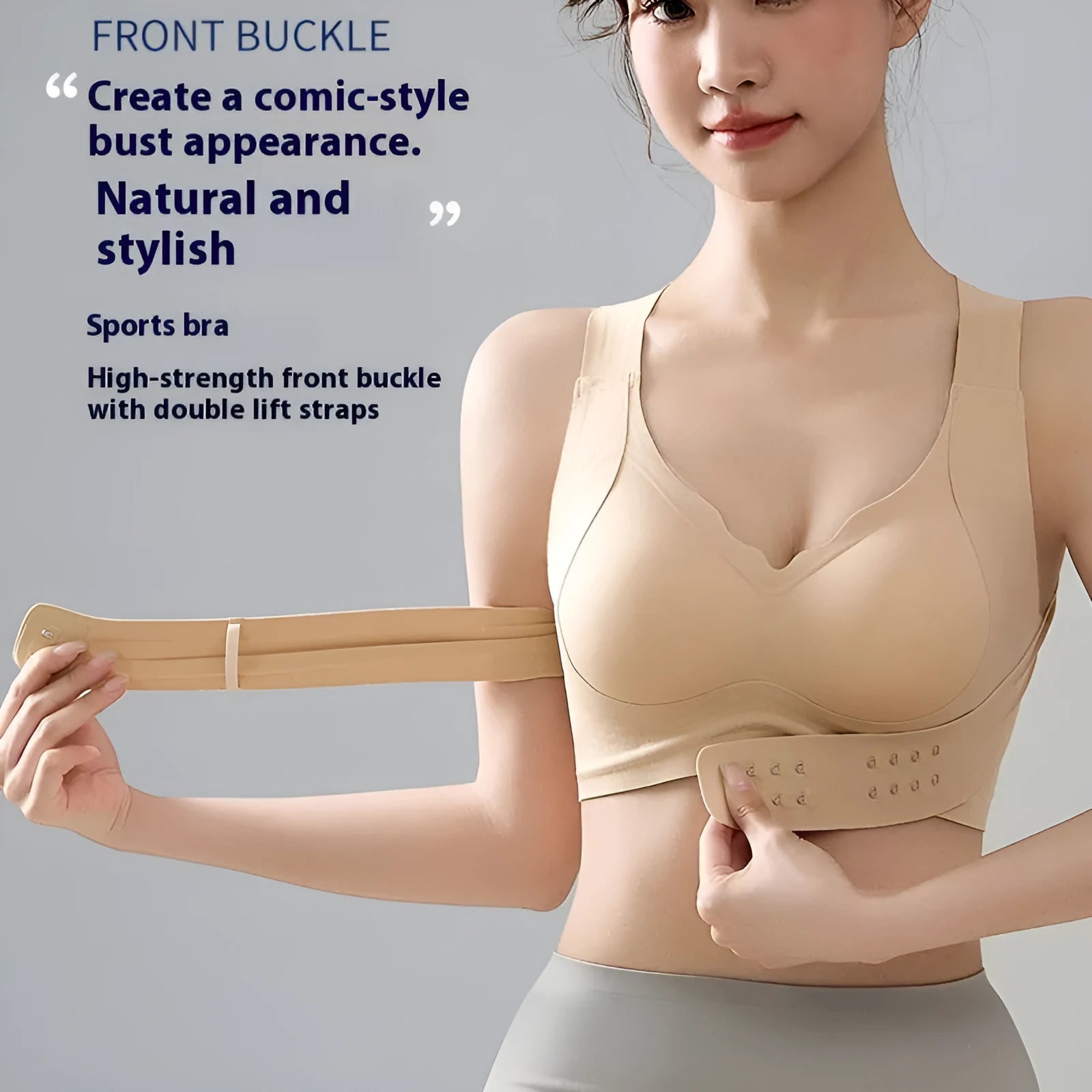 Front-fastening women's sports bra in black with fixed double straps and a molded 3/4 cup.