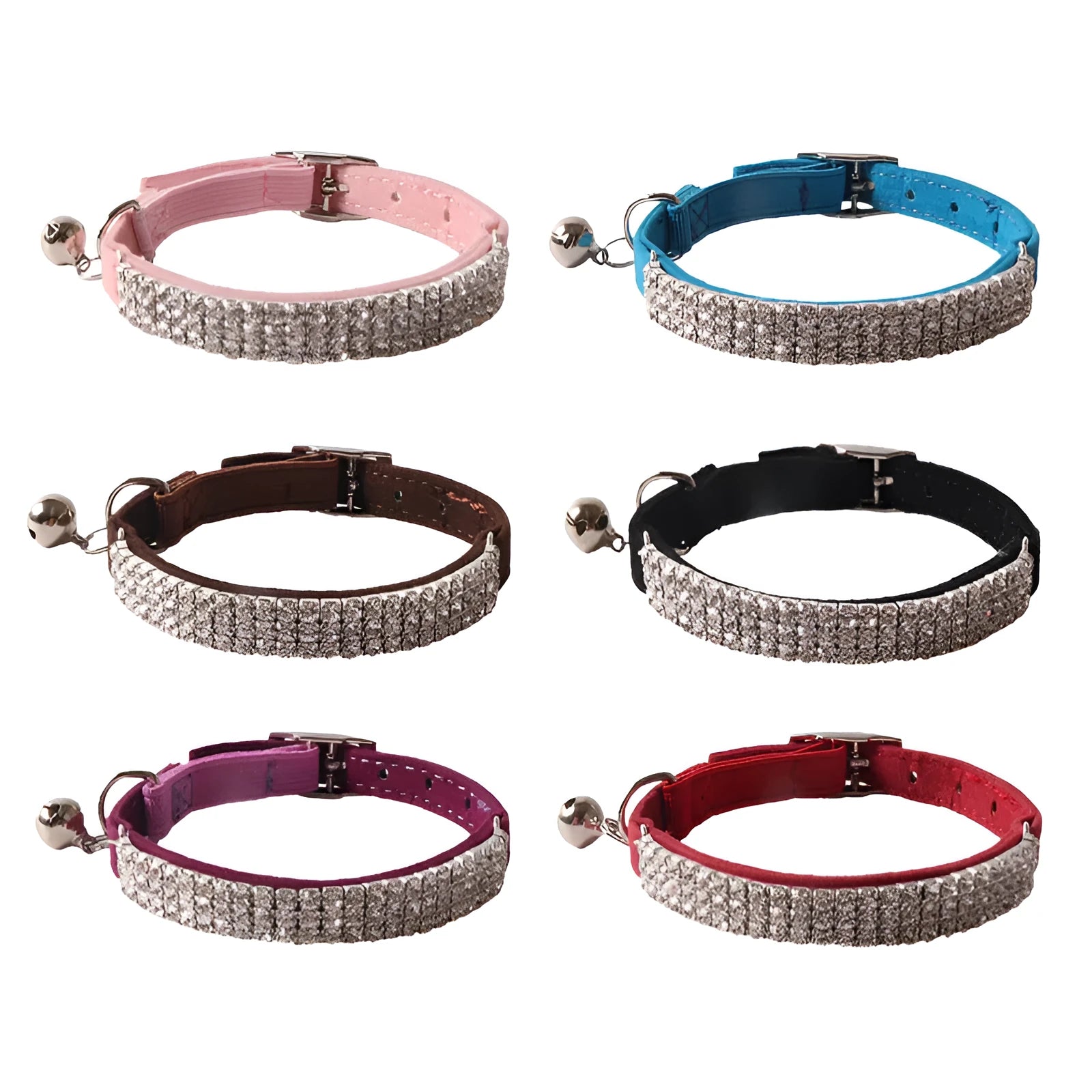 Soft flocking cat collar with an elastic buckle, shown in pink, black, red, blue, purple, and dark brown.