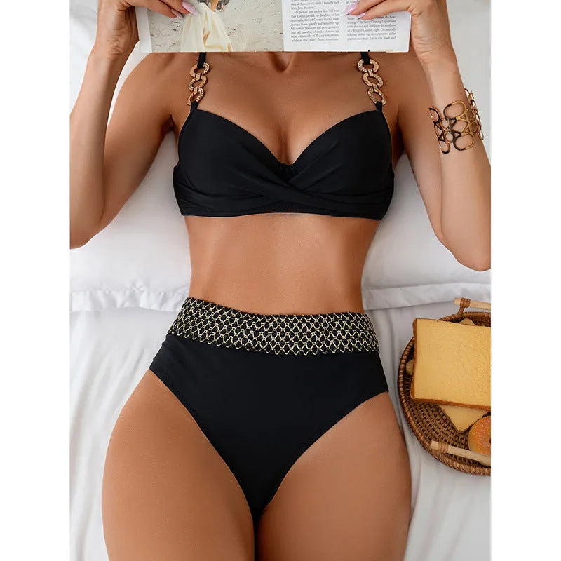 Black European and American style split bikini swimsuit with high elasticity polyester fabric