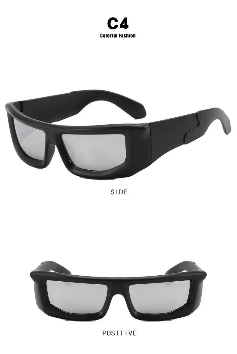 Futuristic sunshade sun glasses with AC lens and PC frame in silver frame with white mercury lenses box style