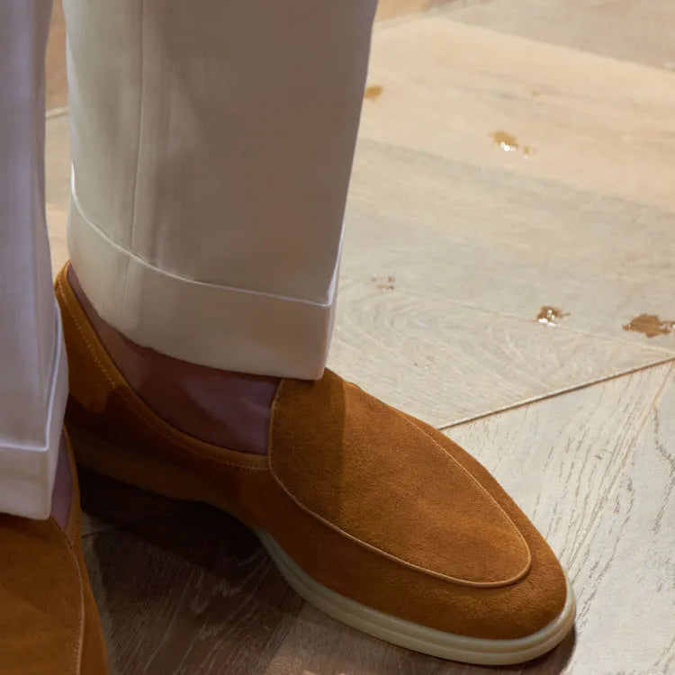 British handmade men's genuine leather loafers in brown with a flat TPR sole.