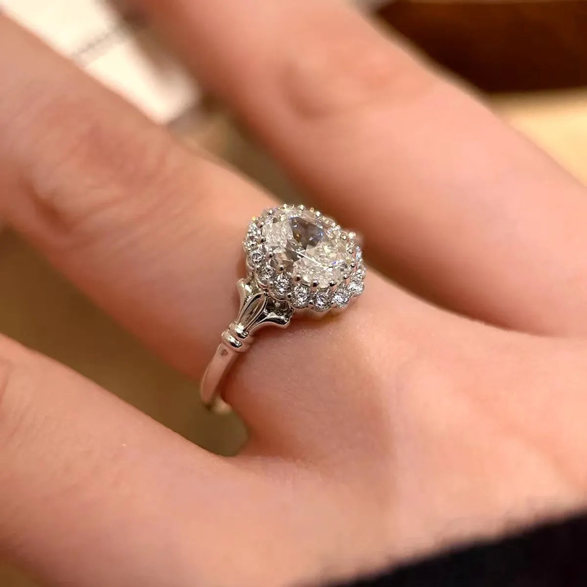 Silver adjustable bridal ring with geometric diamond design and ellipse shape