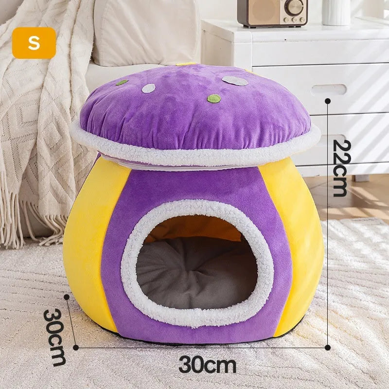 Mushroom-shaped plush cat bed in purple, pink, or grey colours