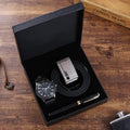 Business gift set for men with belt, wallet, quartz watch with leather strap, and pen in box