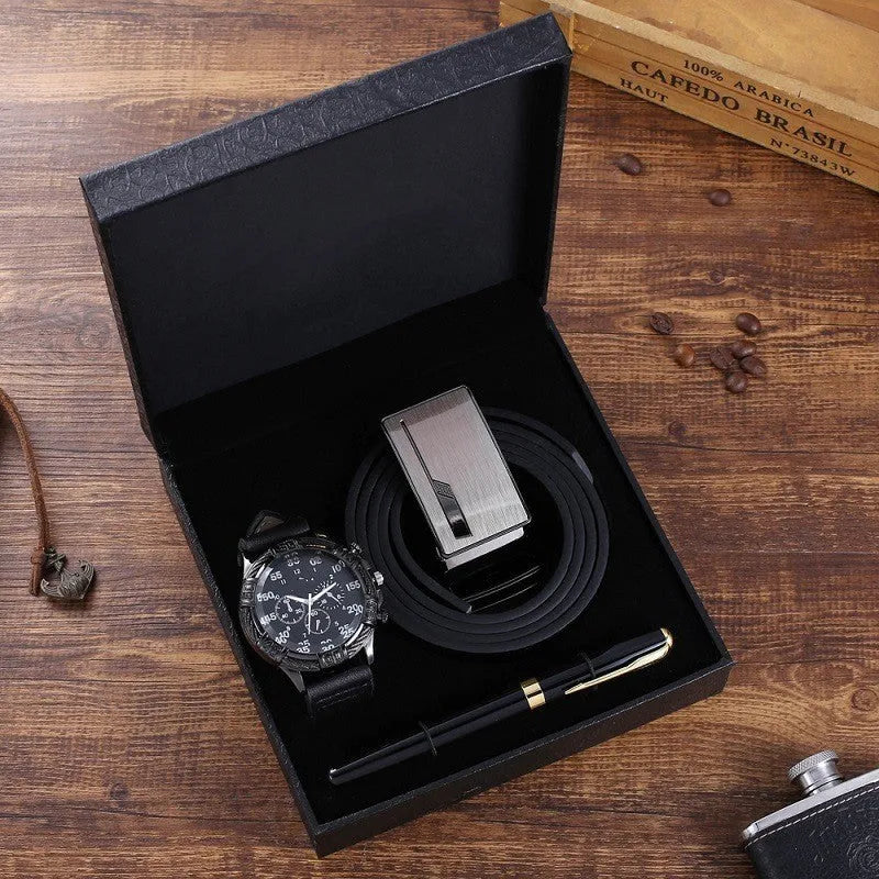 Business gift set for men with belt, wallet, quartz watch with leather strap, and pen in box