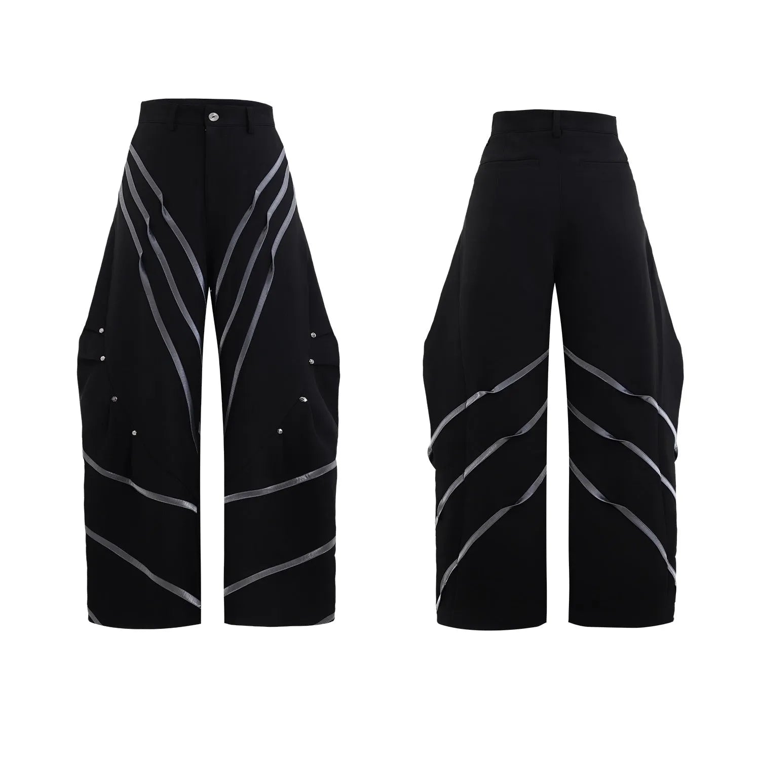 Men's trousers with metal striped rivets and pleated front in polyester fabric