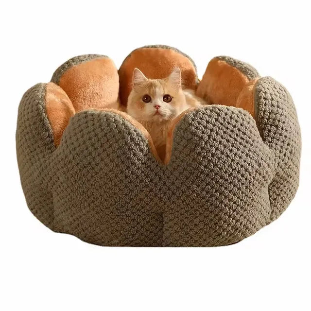 Cactus petal shape pet bed in plush material with sheltered design and non-slip base