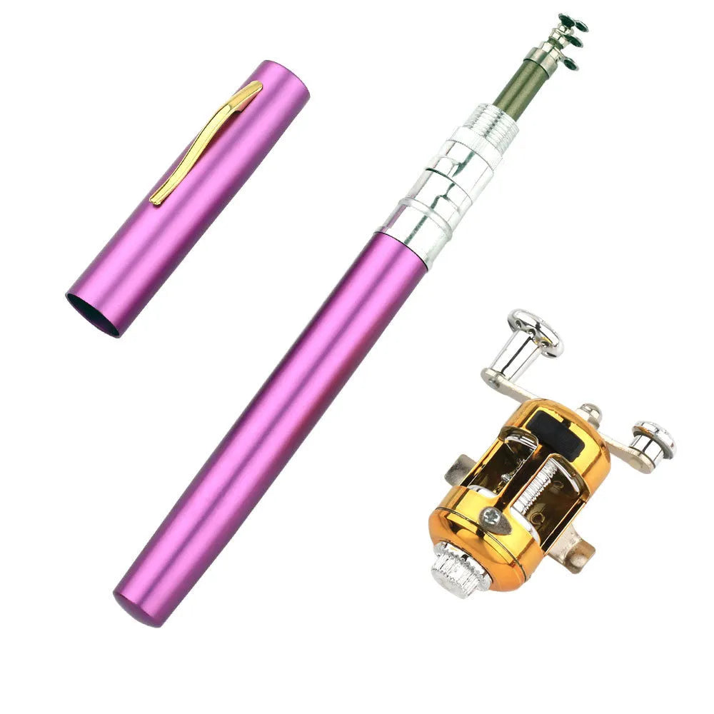 Gold telescopic fishing rod extended to 1 metre with ST5RL drum alongside collapsed rod in aluminium case