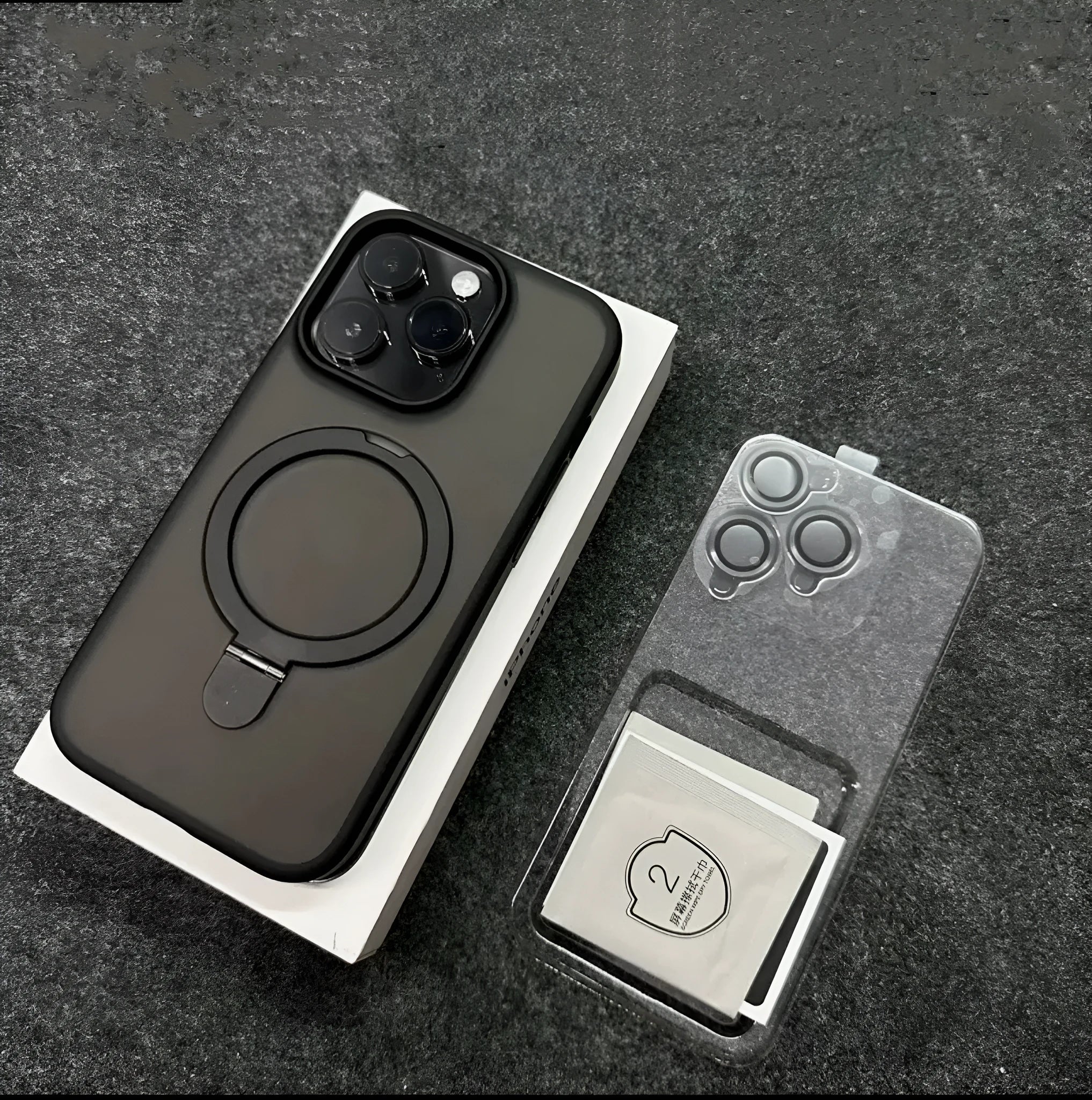 Magnetic bracket phone case with lens protector for iPhone, frosted PC, four colour options