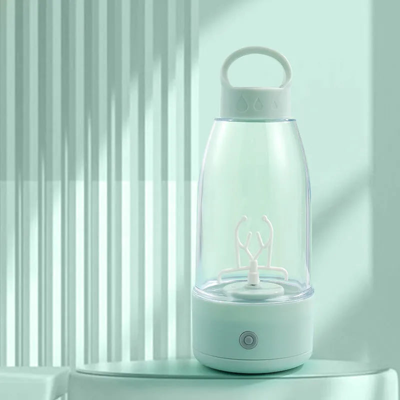 Automatic electric shaker bottle in green with USB charging port and handle.