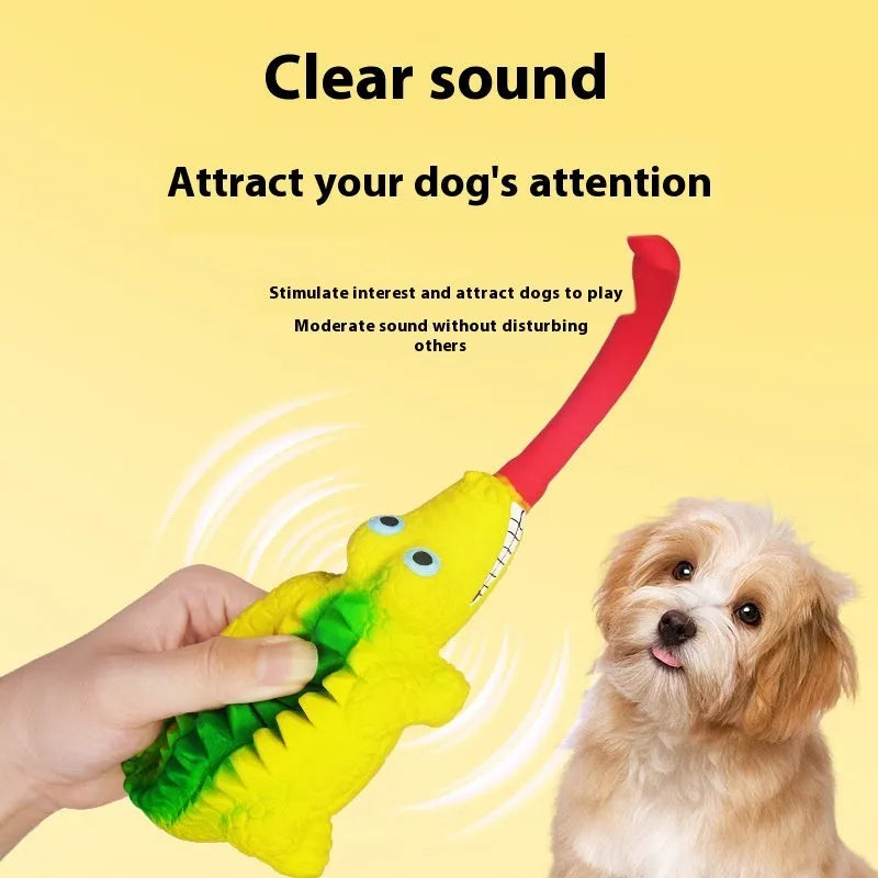 Latex tongue-sticking lizard sounding toy in crocodile colour on white background