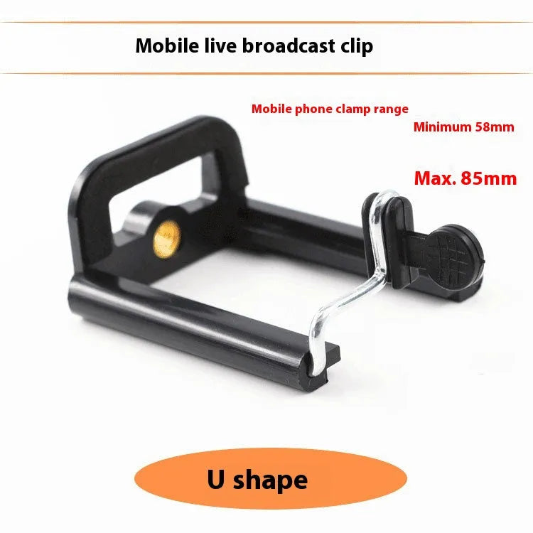 Black plastic U-clip mobile phone mounting bracket for tripods and light stands.