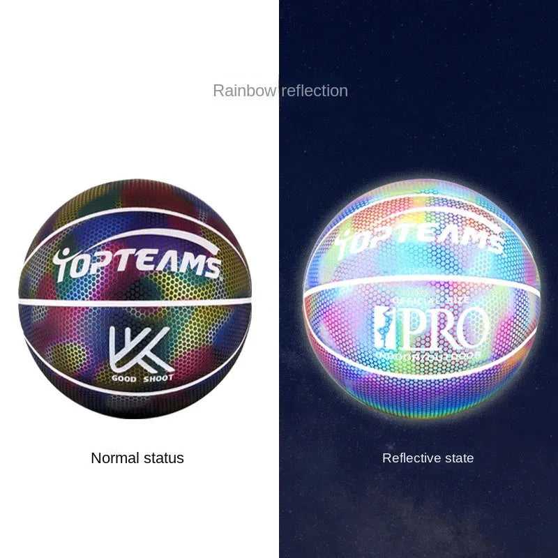 Size 7 basketball with holographic reflective surface in fluorescent colours