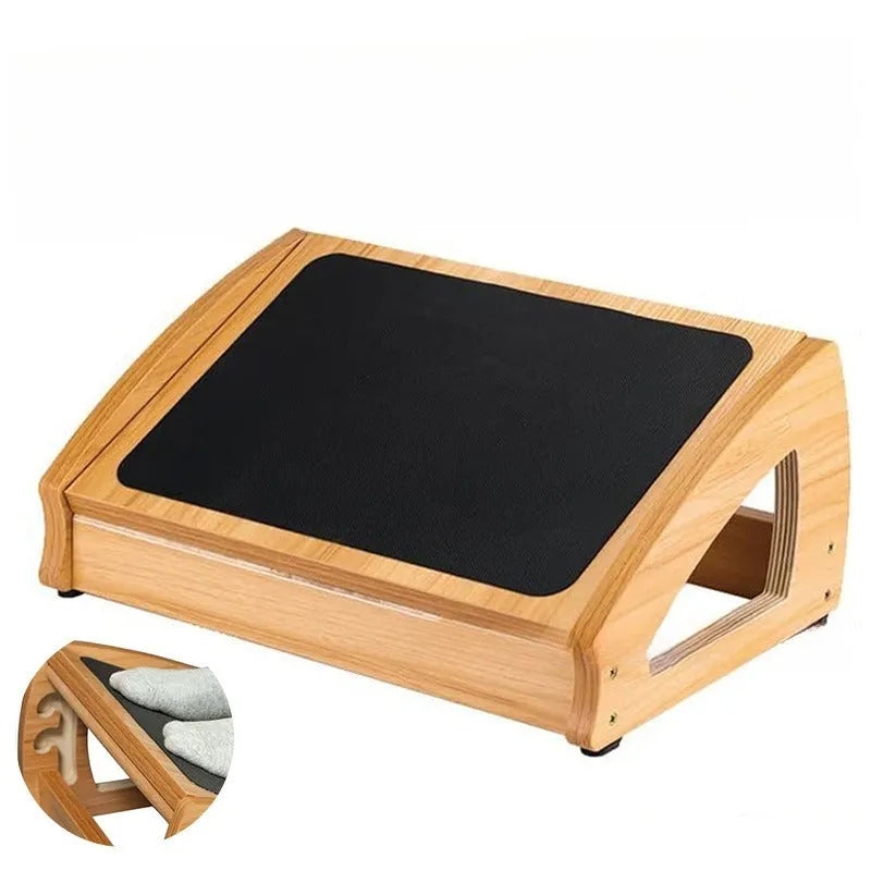 Wooden bamboo office desk footstool in a natural wood colour with a modern minimalist design.