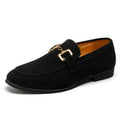 Men's plus size casual leather shoes with metal buckle, black colour, rubber outsole, side view
