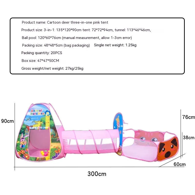 Children's three-in-one play tent with tunnel and ball pool in a cartoon submarine design.