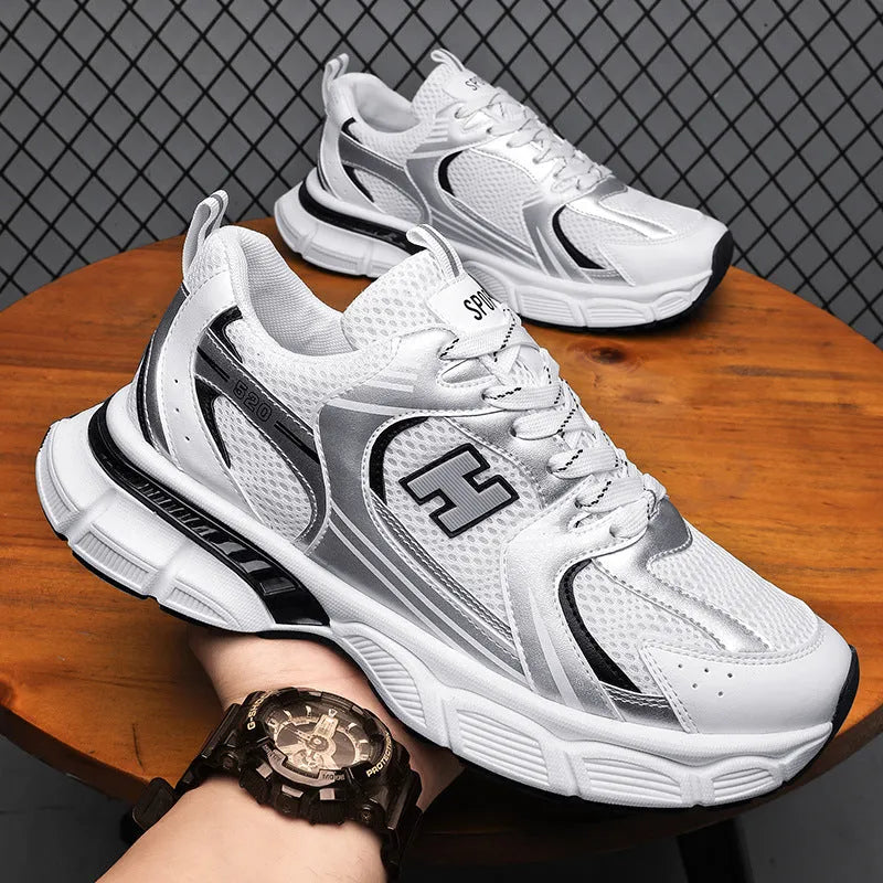 Men's white orange mesh casual running shoes with round toe and plastic sole