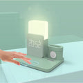 Dark green wireless charging stand holding mobile phone upright with cooling fan visible
