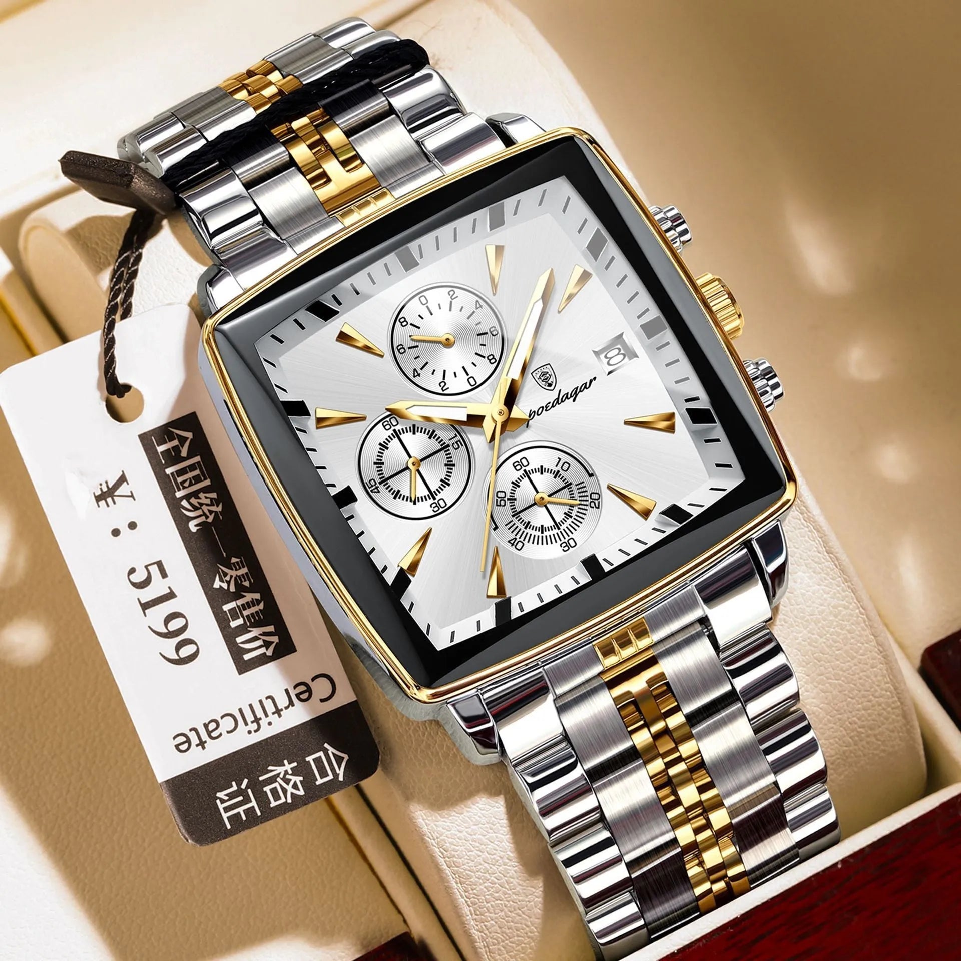 Men's square business watch with stainless steel strap and mineral glass on wrist