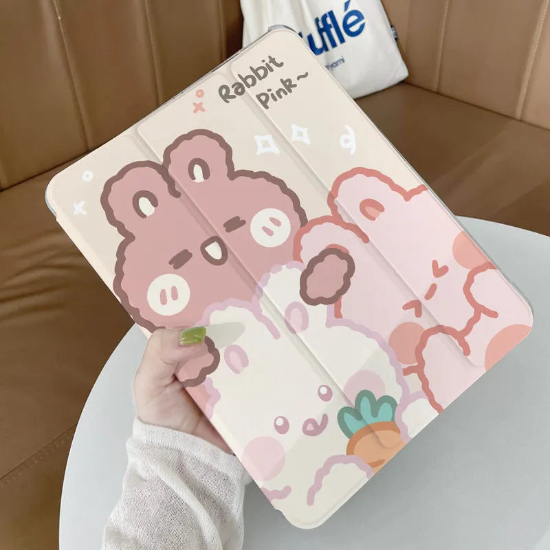 A flat, tri-fold silicone iPad protective case featuring a cartoon rabbit design.