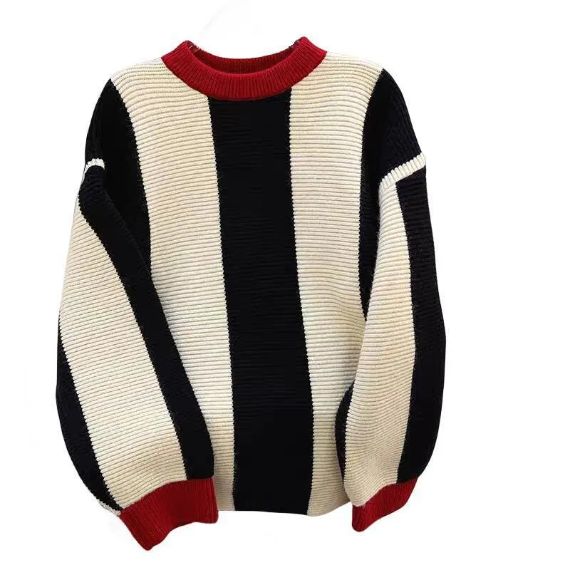 Women's contrast colour striped cashmere wool sweater with round neck and regular sleeves