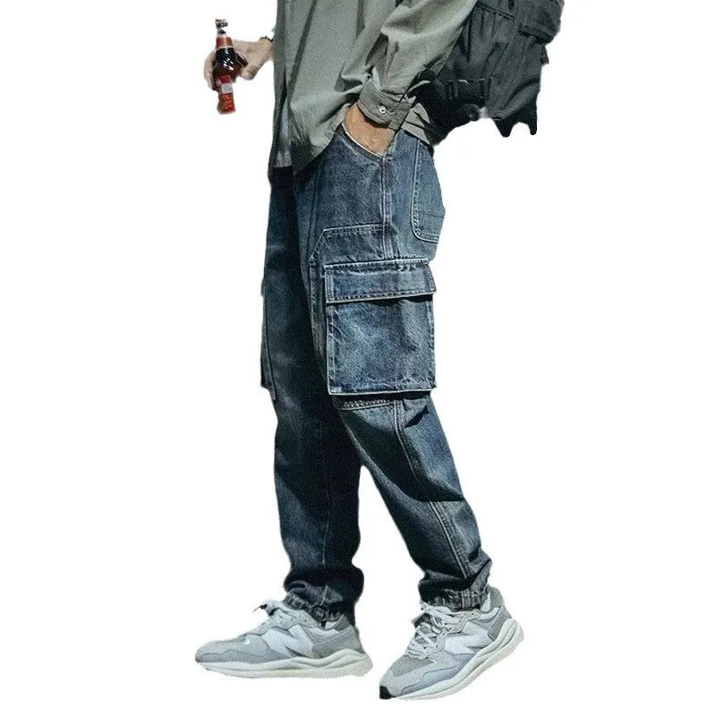 Men's blue loose straight retro jeans with stretch denim fabric and zip fly closure