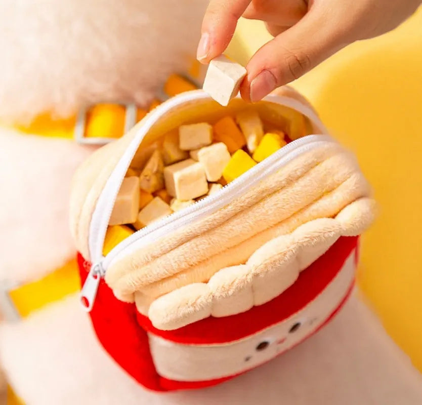 Adjustable pet vest leash with cartoon hamburger design, shown on a dog.