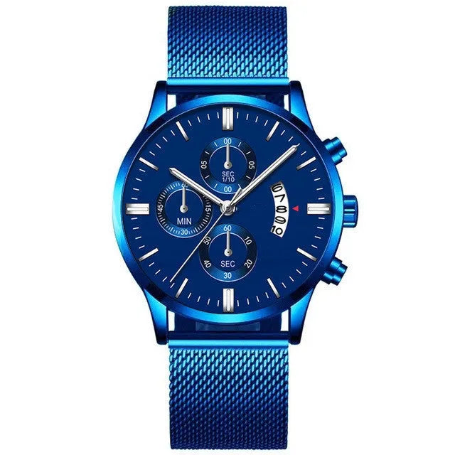 Men's stainless steel mesh band quartz watch showing analogue dial and choice of colour finishes.