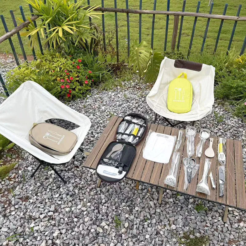 Picnic storage bag containing 12 stainless steel utensils for outdoor meals.