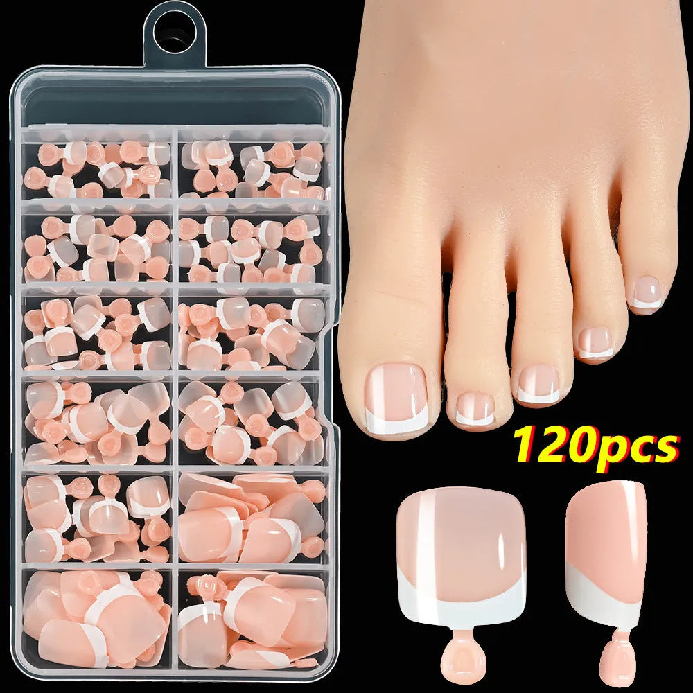 120 piece box of nude square artificial nail tips with French white edges in assorted shades