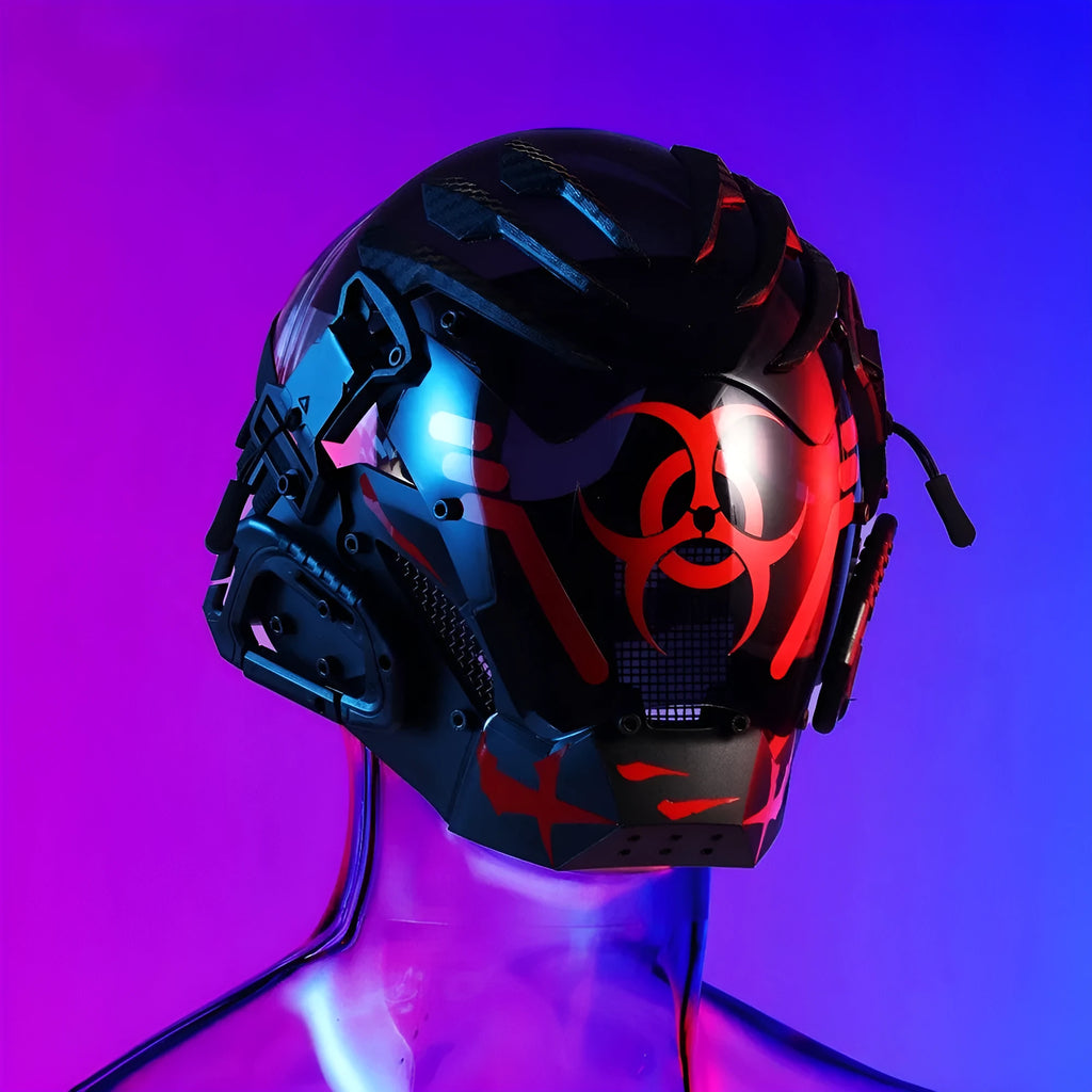 Black full face cyborg helmet mask with bioweapon styling for costumes