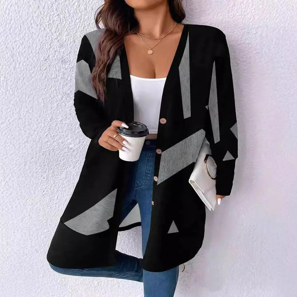 Black loose casual plus size cardigan with button stitching printing detail