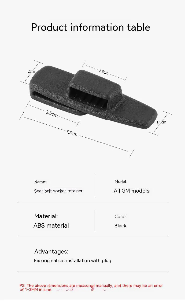 Two black ABS plastic universal car seatbelt stopper clips in clear OPP packaging