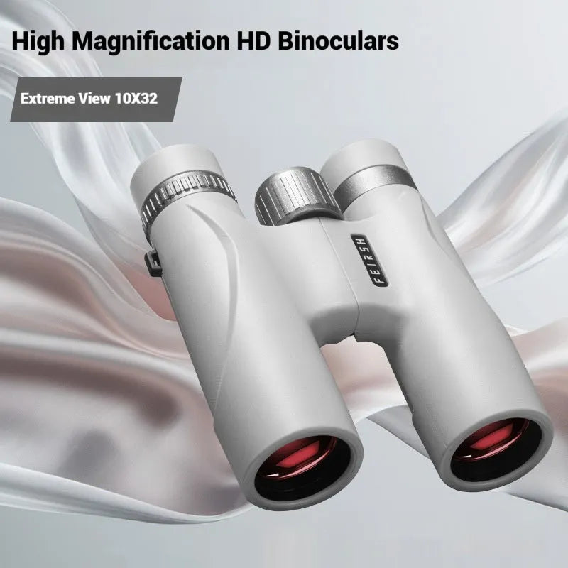 Blue and grey 10x32 plastic binoculars with wine red film imaging on the lenses.