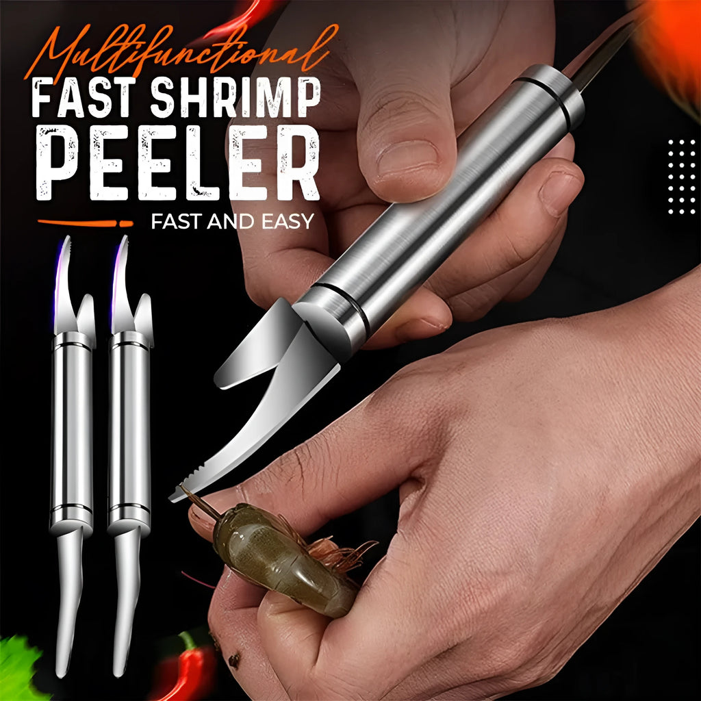 Multifunctional stainless steel shrimp remover with eagle-beak design and double row of blades on a clean surface