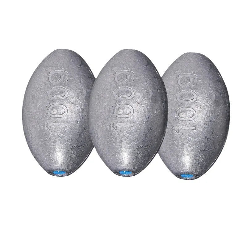 Plastic core olive lead sinker with scale tongxin pattern and rugby shape for sea fishing
