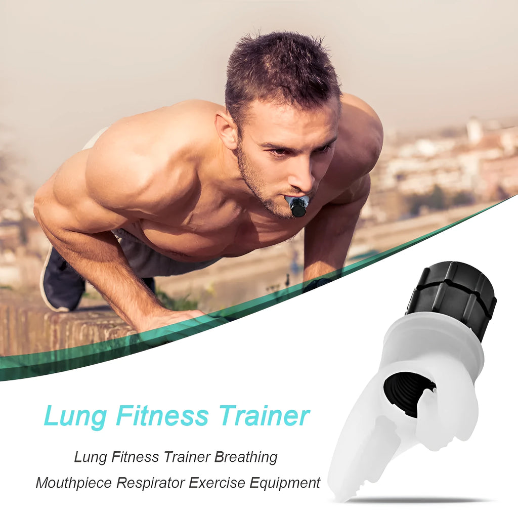 Breathing trainer respirator in white and black with silicone mouthpiece and adjustable resistance dial