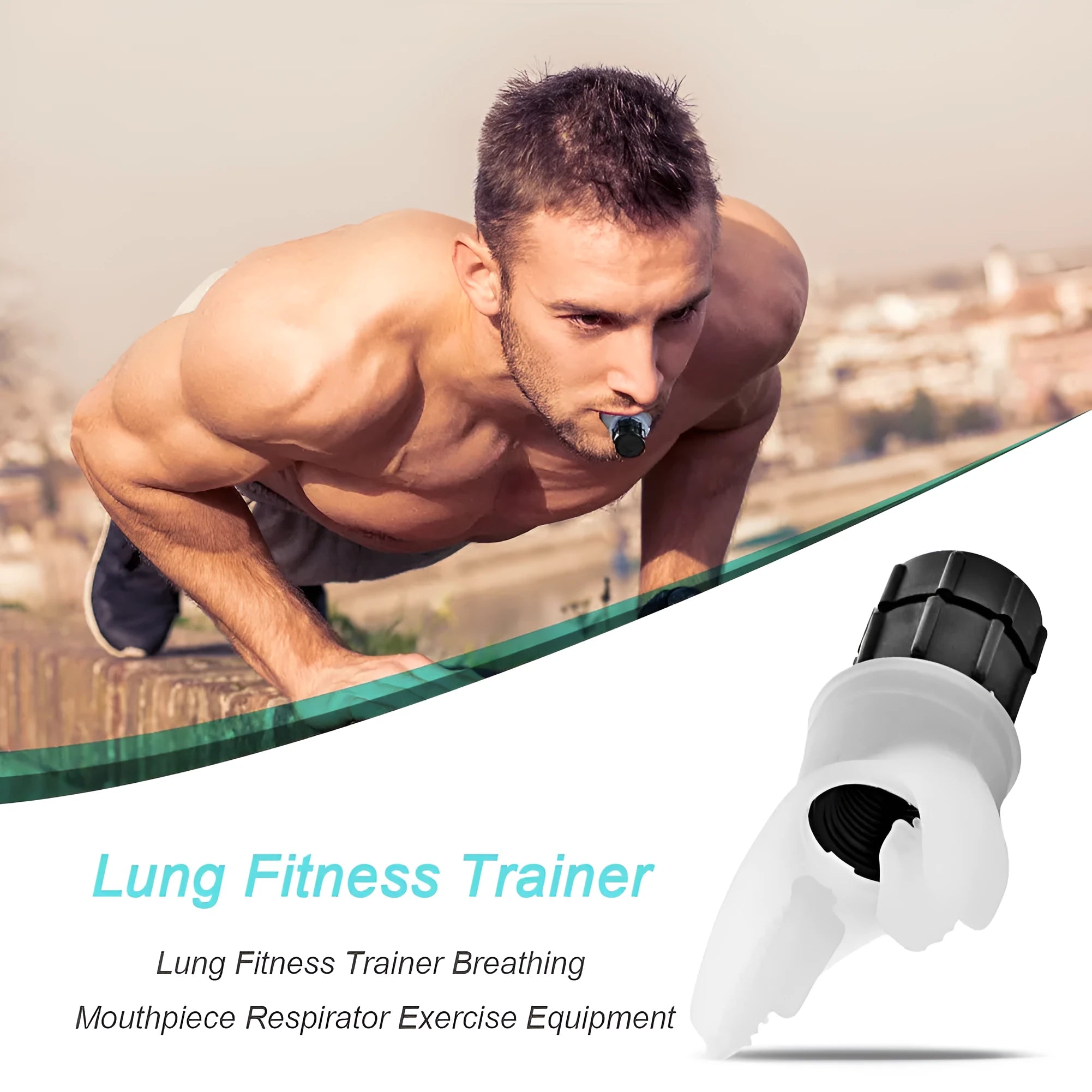 Breathing trainer respirator in white and black with silicone mouthpiece and adjustable resistance dial