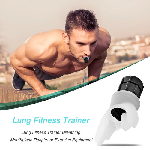 Breathing trainer respirator in white and black with silicone mouthpiece and adjustable resistance dial