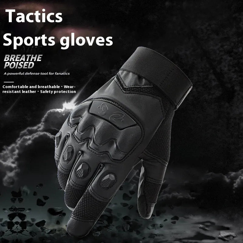 Men's black full finger tactical gloves with breathable fabric and touchscreen capable fingertips.
