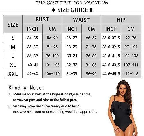 Black one-piece swimsuit with cut-out sections and ruffled strap detailing, tube top style